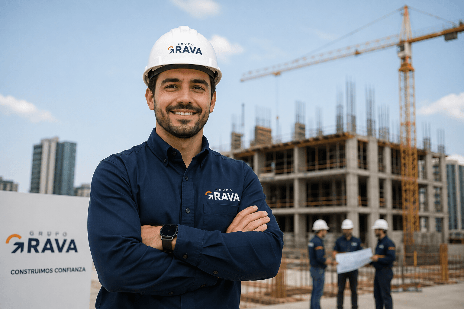 Ingeniero de Grupo Grava en obra, con edificio en construcción y grúa de fondo